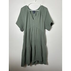 Gap Mini Dress Gauzy Crushed Cotton Sz Large Green V Neck Casual Beach